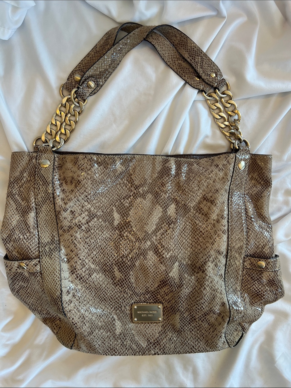 Michael Kors Taupe Snake-Print Tote with Gold Chain Straps
